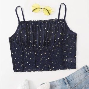 Sheer Mesh Dark Blue Gold Stars Lettuce Hem Galaxy Cropped Cami NWOT as is